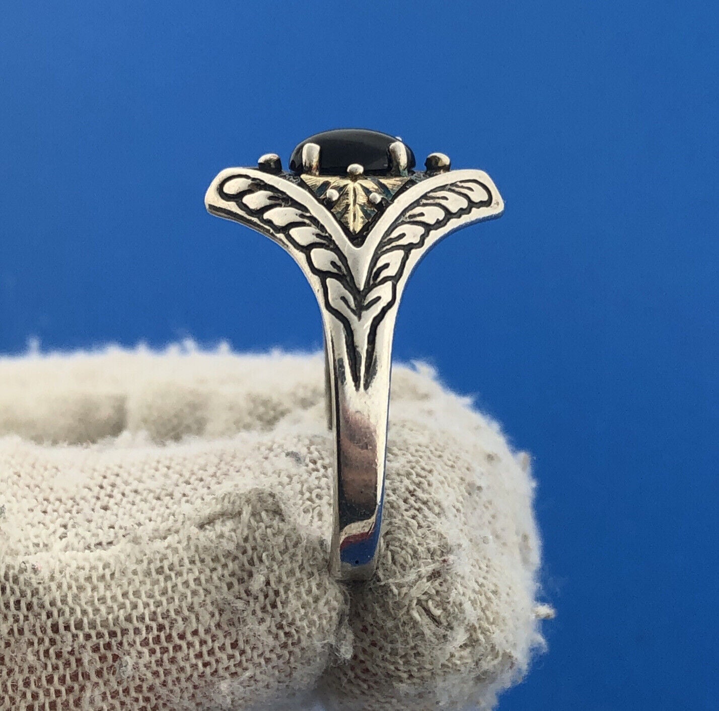 Sterling Silver CCO Coleman Black Onyx Ring with 12k Rose & Yellow Leaf Design