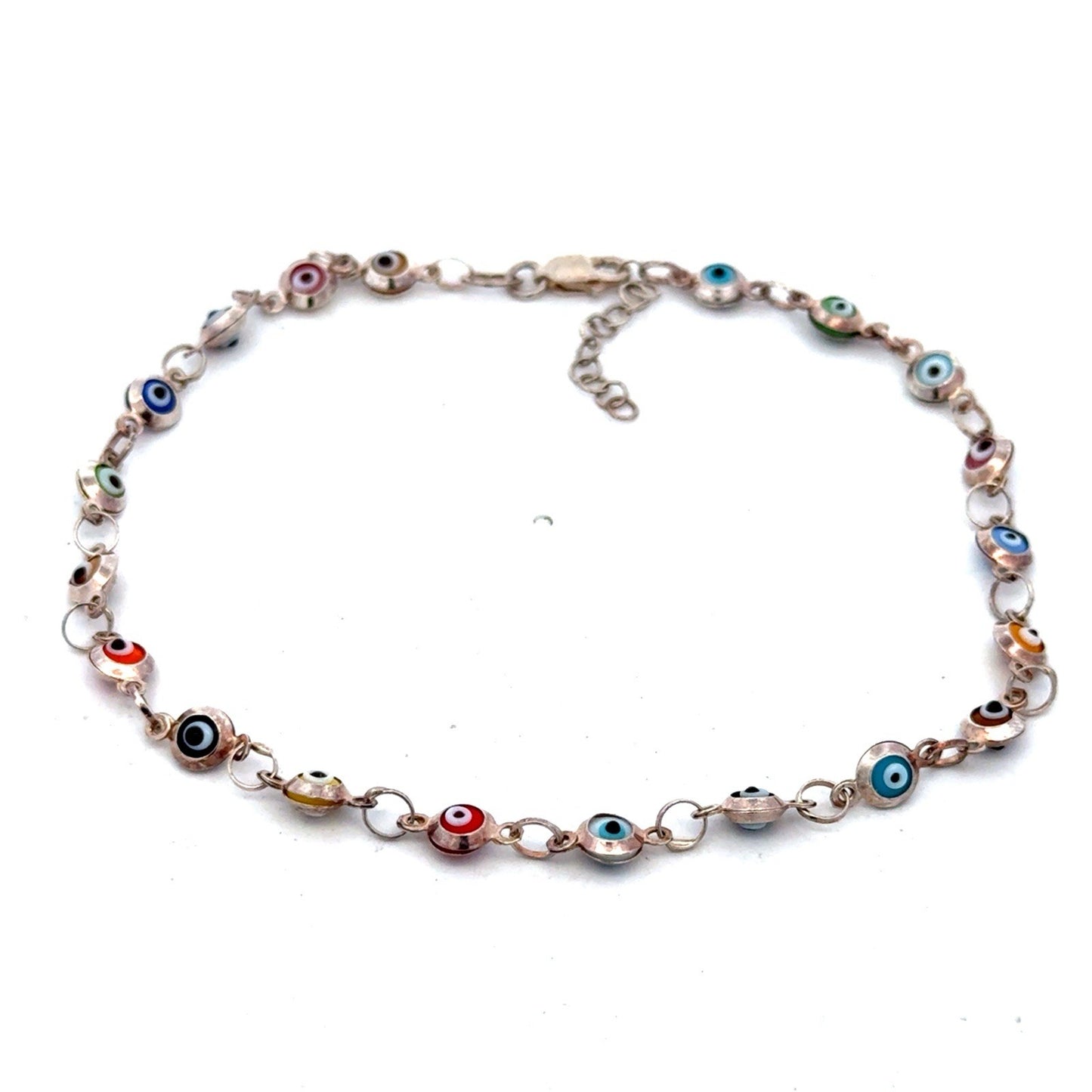 Estate 925 Sterling Silver Multicolor Evil Eye Bead Round Link 8.75" Bracelet