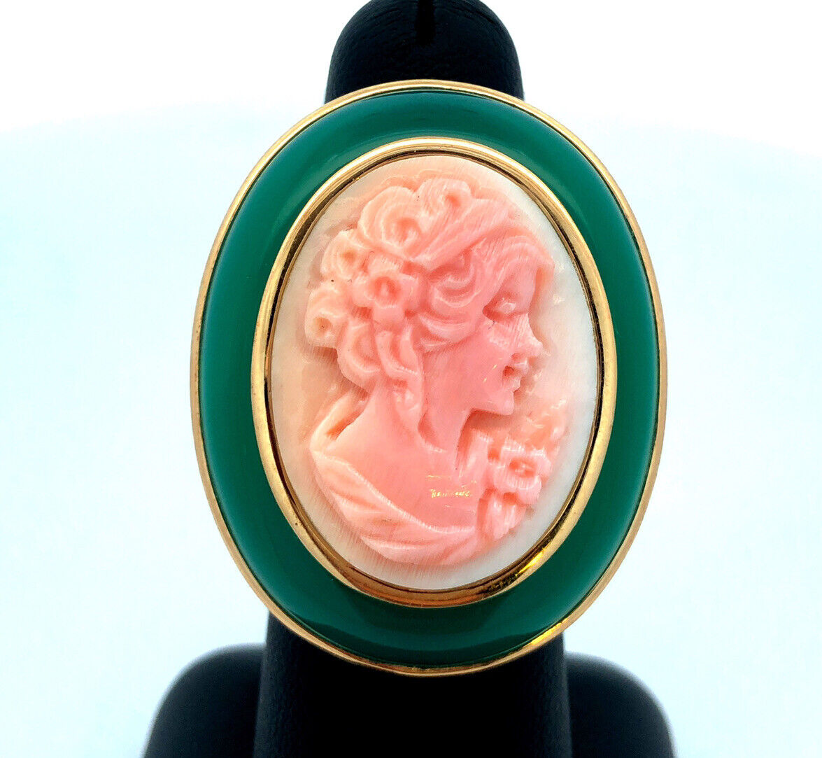 Designer Italy 14K Yellow Gold Oval Green Jade Pink Cameo Statement Ring