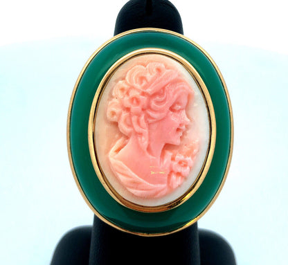 Designer Italy 14K Yellow Gold Oval Green Jade Pink Cameo Statement Ring