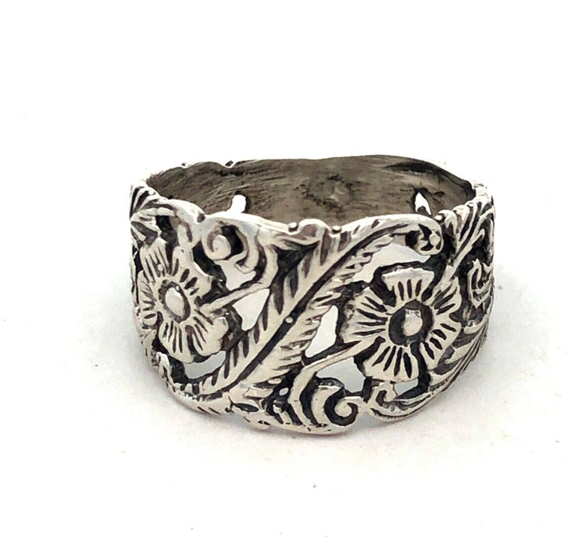 Estate 925 Sterling Silver Floral Flower Vines Nature Open Work Wide Band Ring