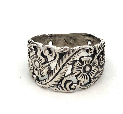 Estate 925 Sterling Silver Floral Flower Vines Nature Open Work Wide Band Ring