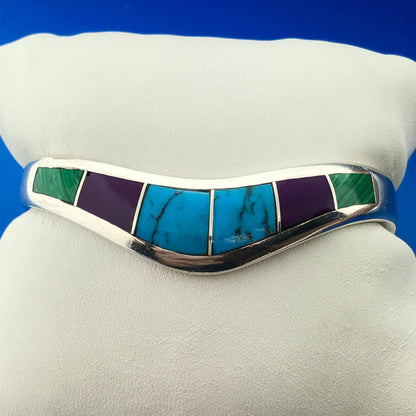 Vintage Taxco Signed 925 Sterling Silver Multi Gem Inlay Hinged Cuff Bracelet