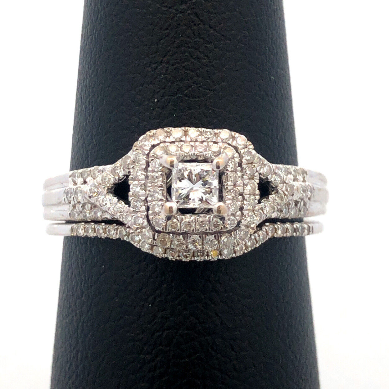 14K White Gold Princess Diamond Center Solitaire Double Halo 2 Ring Bridal Set