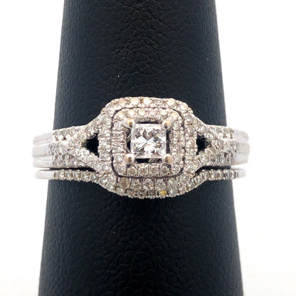 14K White Gold Princess Diamond Center Solitaire Double Halo 2 Ring Bridal Set