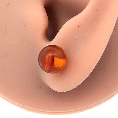 Estate 14K Yellow Gold Round Orange Amber Ball Solitaire Stud Earrings