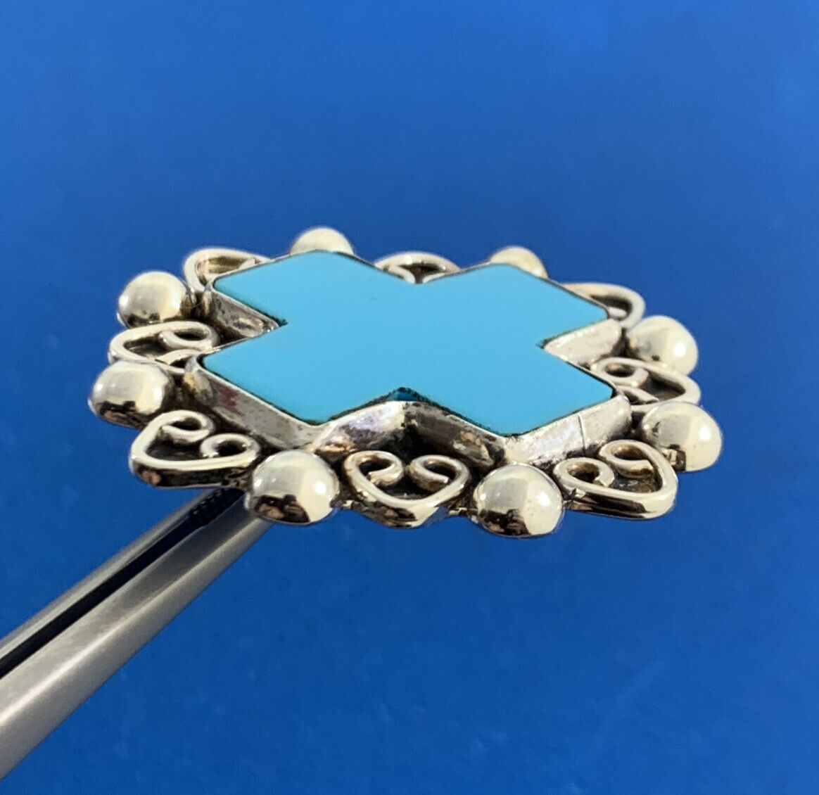 Taxco Mexico 925 Sterling Silver Turquoise Cross Statement Pendant