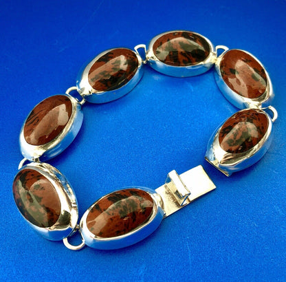 Taxco Mexico 925 Sterling Silver Oval Mahogany Obsidian Cabochon Panel Bracelet