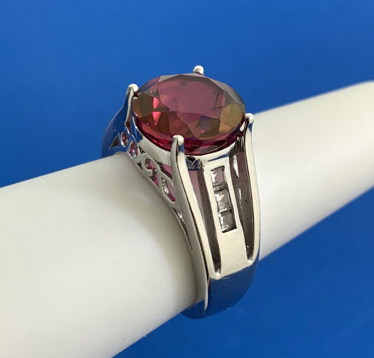 Designer BBJ 925 Sterling Silver Ruby Solitaire White Topaz Accent Cocktail Ring