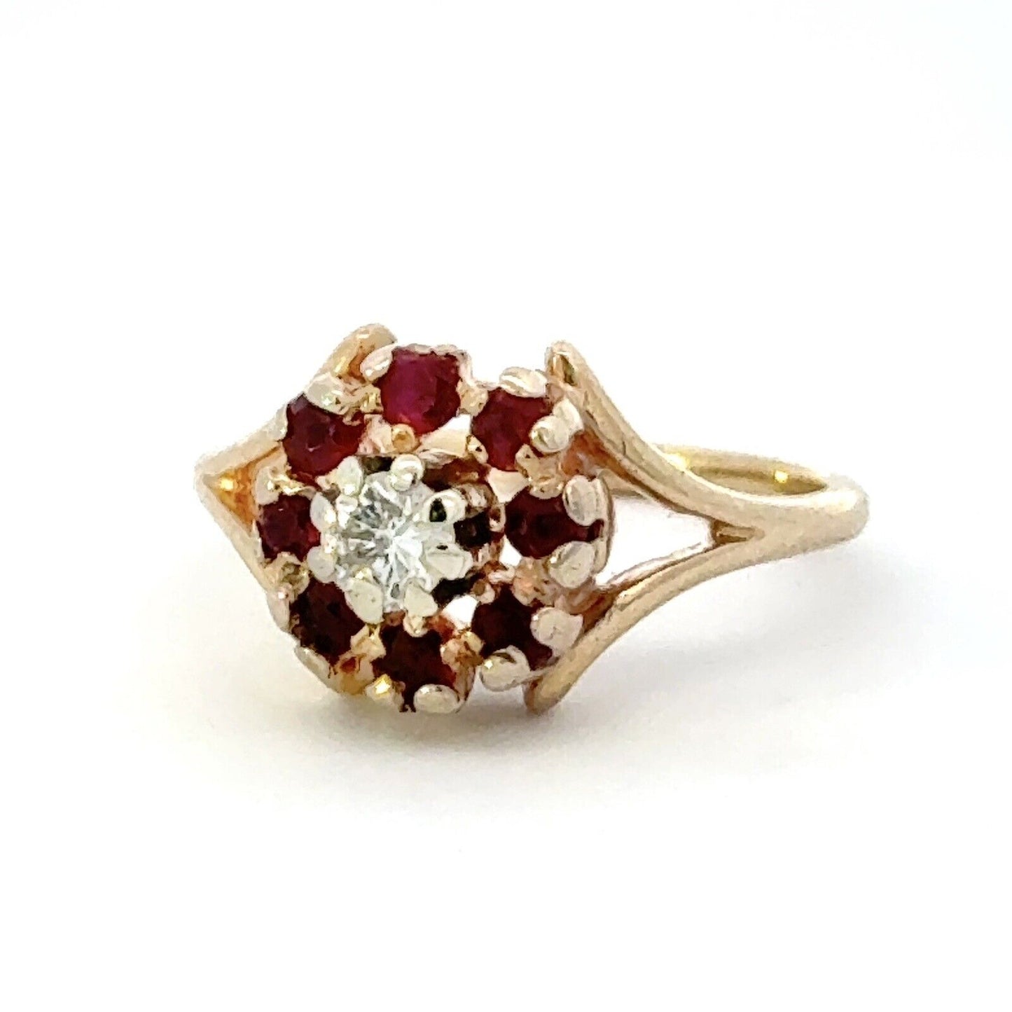 Designer 14K Yellow Gold Diamond Ruby Floral Flower Cocktail Ring