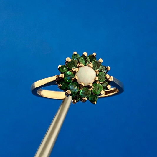 Gorgeous English 14k Yellow Gold Opal Round Emerald Cluster Ring Size 7.25
