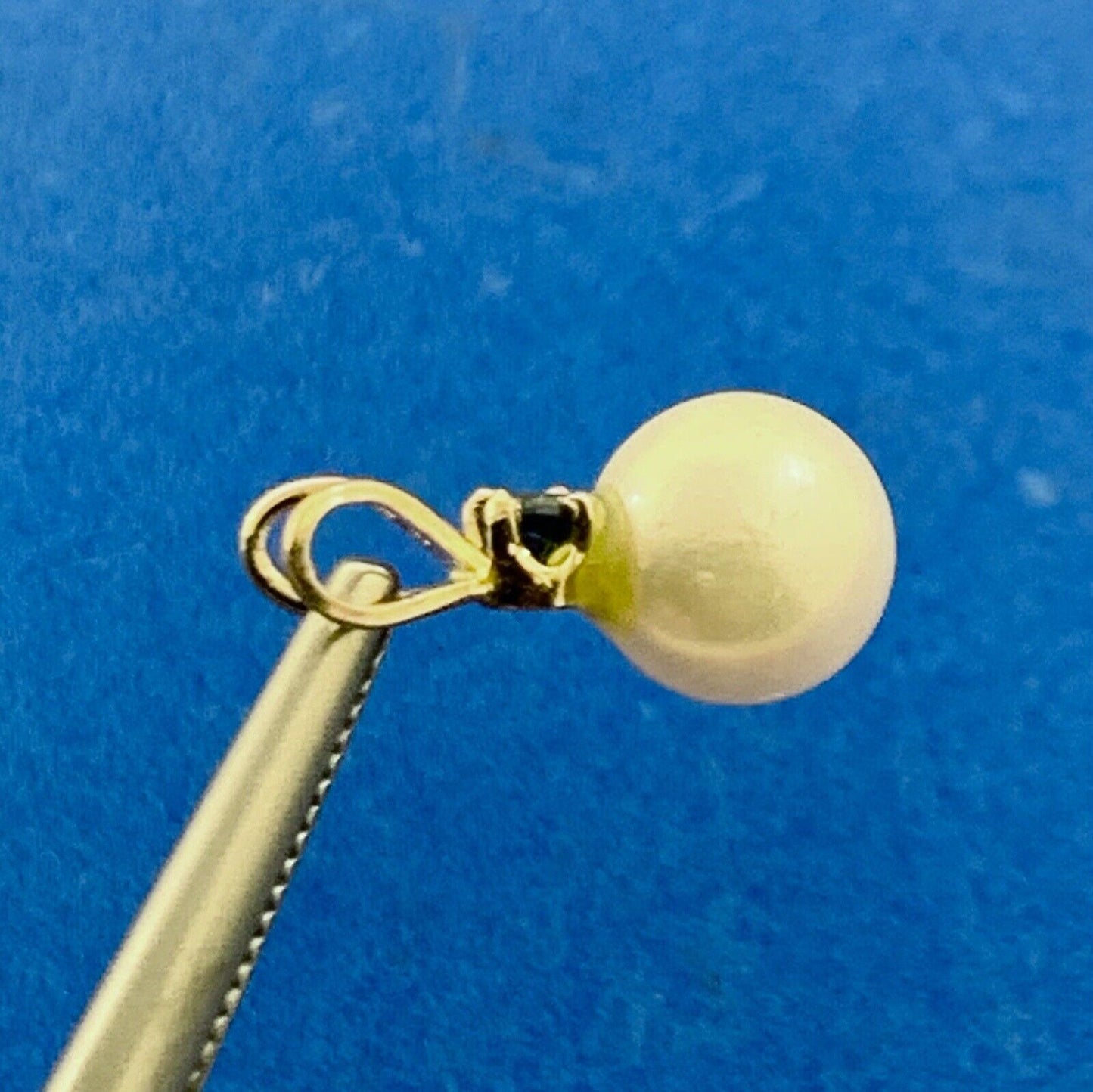 Designer 14K Yellow Gold Pearl Blue Sapphire Accent Drop Charm Pendant