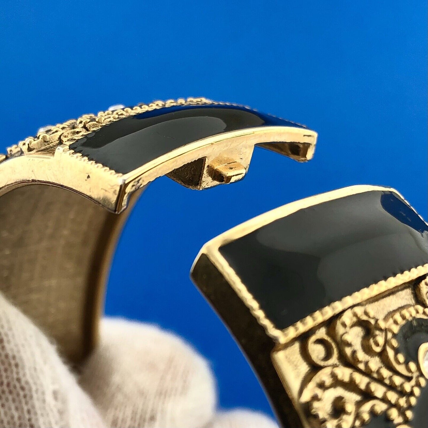 Gorgeous Gold Toned Black Enamel Sparkling Rhinestone 6.5" Hinged Cuff Bracelet