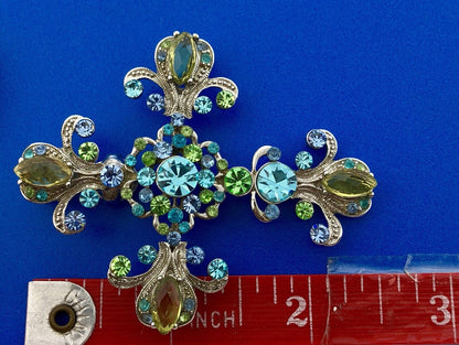Silver Tone Grn Blue Aqua Crystal Fleur De Lis Cross Statement Enhancer Pendant