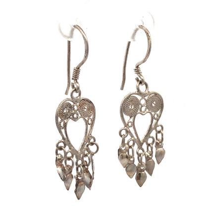 925 Sterling Silver Filigree Heart Dangle Hook Earrings