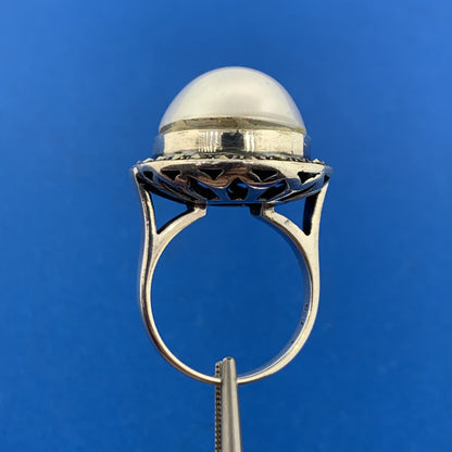 Designer 925 Sterling Silver Mabe Pearl Marcasite Halo Statement Cocktail Ring
