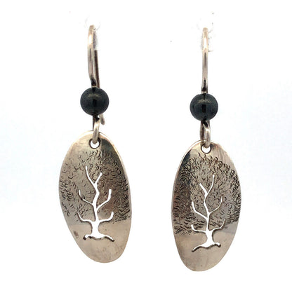 Native American Picto 925 Sterling Silver Hematite Tree Of Life Dangle Earrings