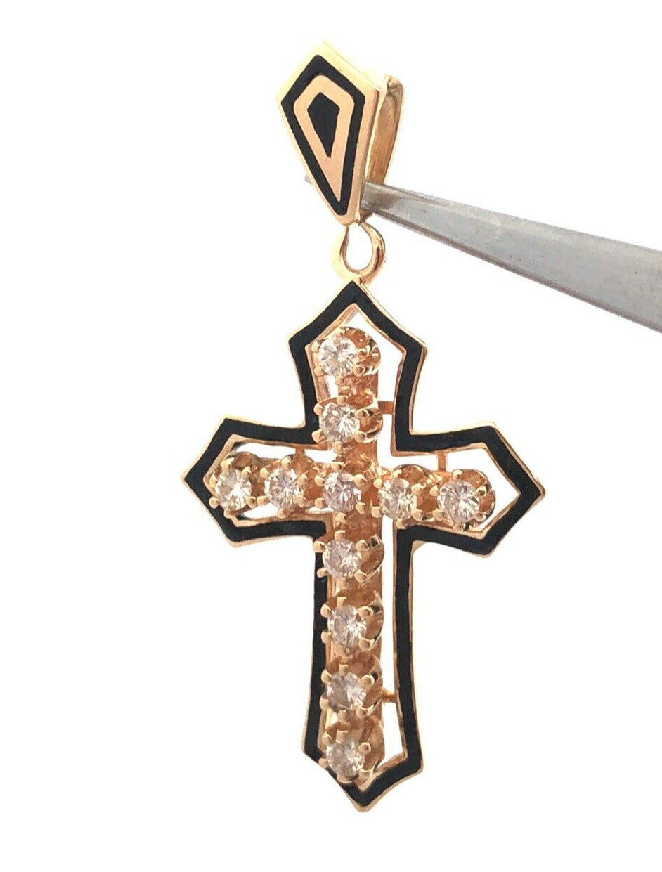 Estate 14K Yellow Gold Round Diamond Black Enamel Statement Cross Pendant