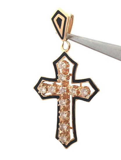 Estate 14K Yellow Gold Round Diamond Black Enamel Statement Cross Pendant