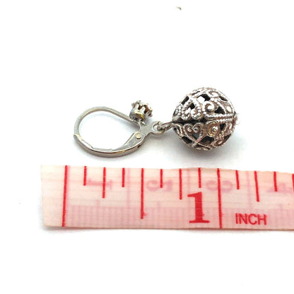 Vintage 925 Sterling Silver Round Cubic Zirconia Ball Dangle Hook Earrings