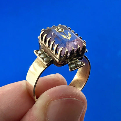 Art Deco Art Nouveau 14K Yellow Gold Amethyst Diamond Seed Pearl Cocktail Ring