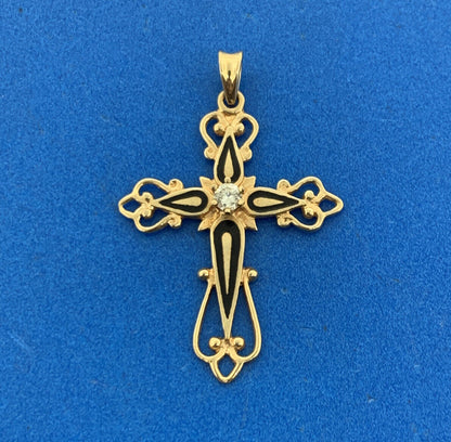 Retro 14K Yellow Gold Diamond Black Enamel Scroll Cross Religious Pendant