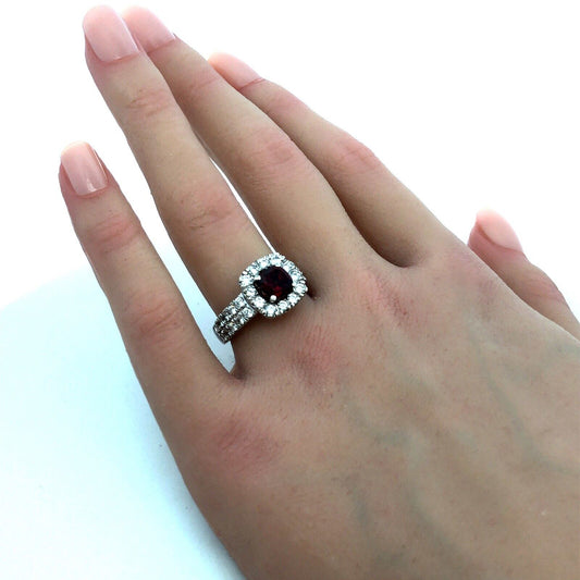 Designer RY 14K White Gold Square Red Tourmaline Diamond Halo Engagement Ring