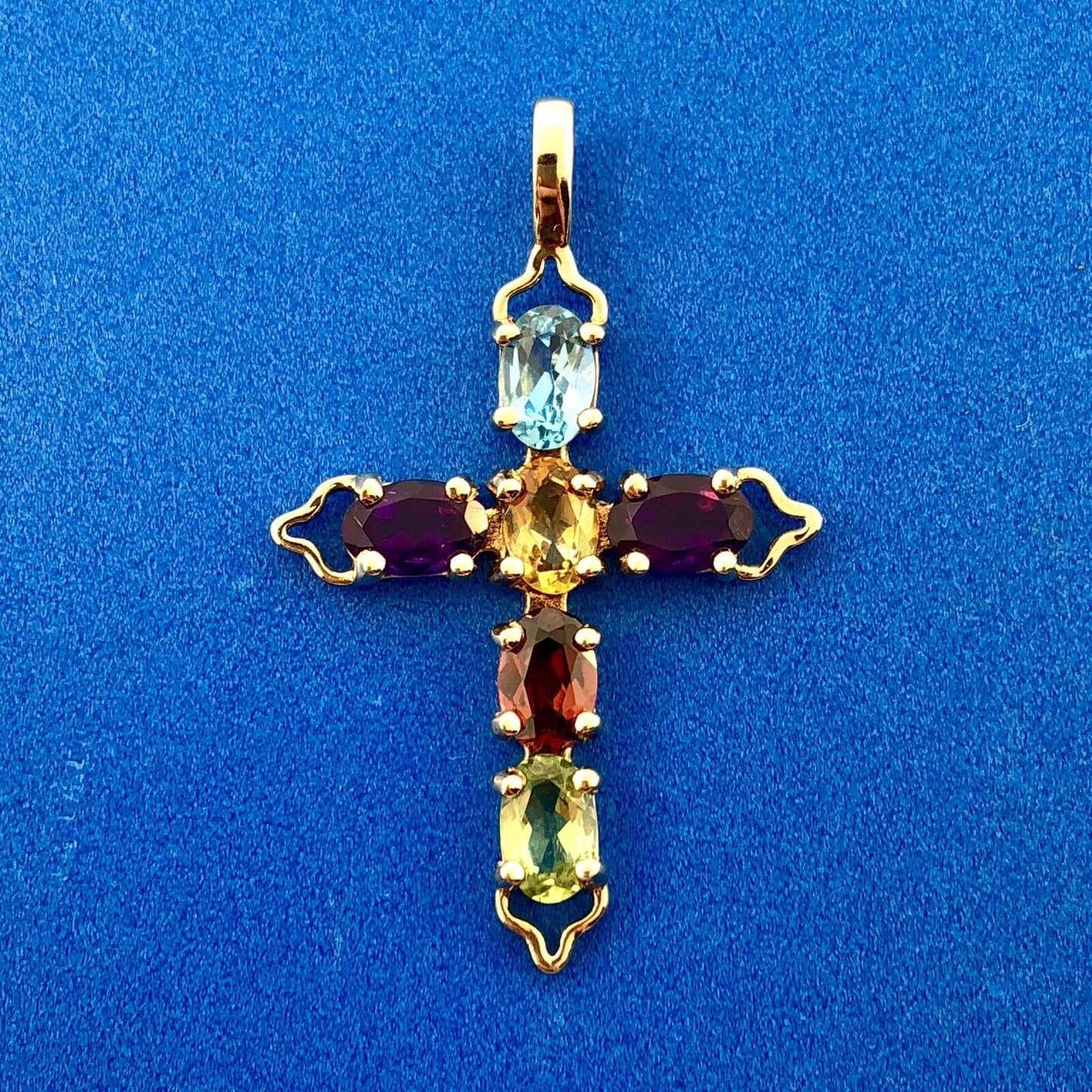 Vintage 10K Yellow Gold Multi Gemstone Cross Pendant