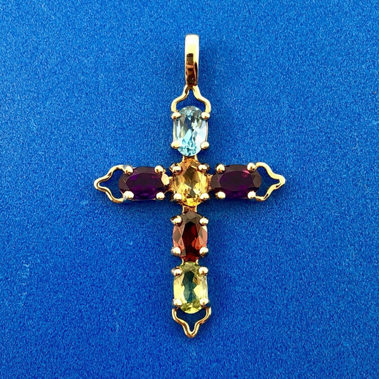 Vintage 10K Yellow Gold Multi Gemstone Cross Pendant