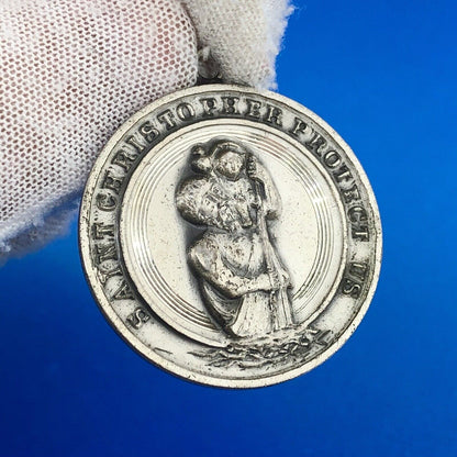 Vintage 925 Sterling Silver Saint Christopher Protect US Religious Disc Pendant