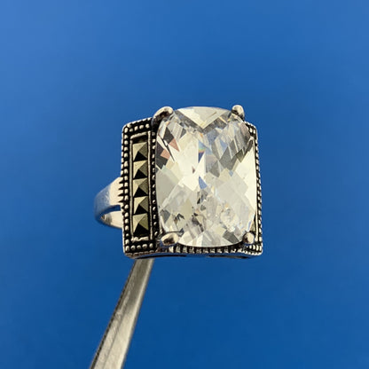 Designer 925 Sterling Silver Rectangle Cubic Zirconia Marcasite Statement Ring