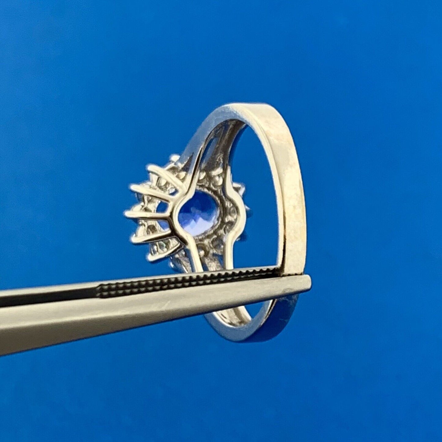 Designer 14K White Gold Oval Tanzanite White Topaz Halo Accent Anniversary Ring