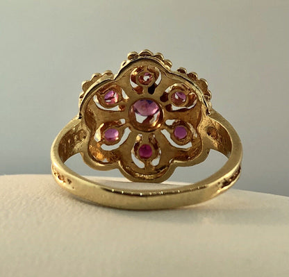 Perfect 14K Yellow Gold Ruby Flower Cluster July Anniversary Sweetheart Ring