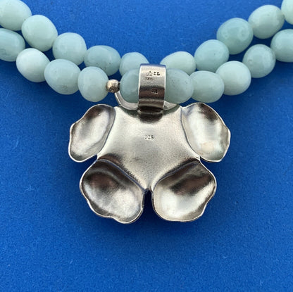 Vintage Sterling Silver Aventurine Beaded Flower Pendant Double Strand Necklace