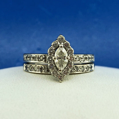 14K White Gold Marquise Solitaire Halo Accents Engagement Ring Band Bridal Set