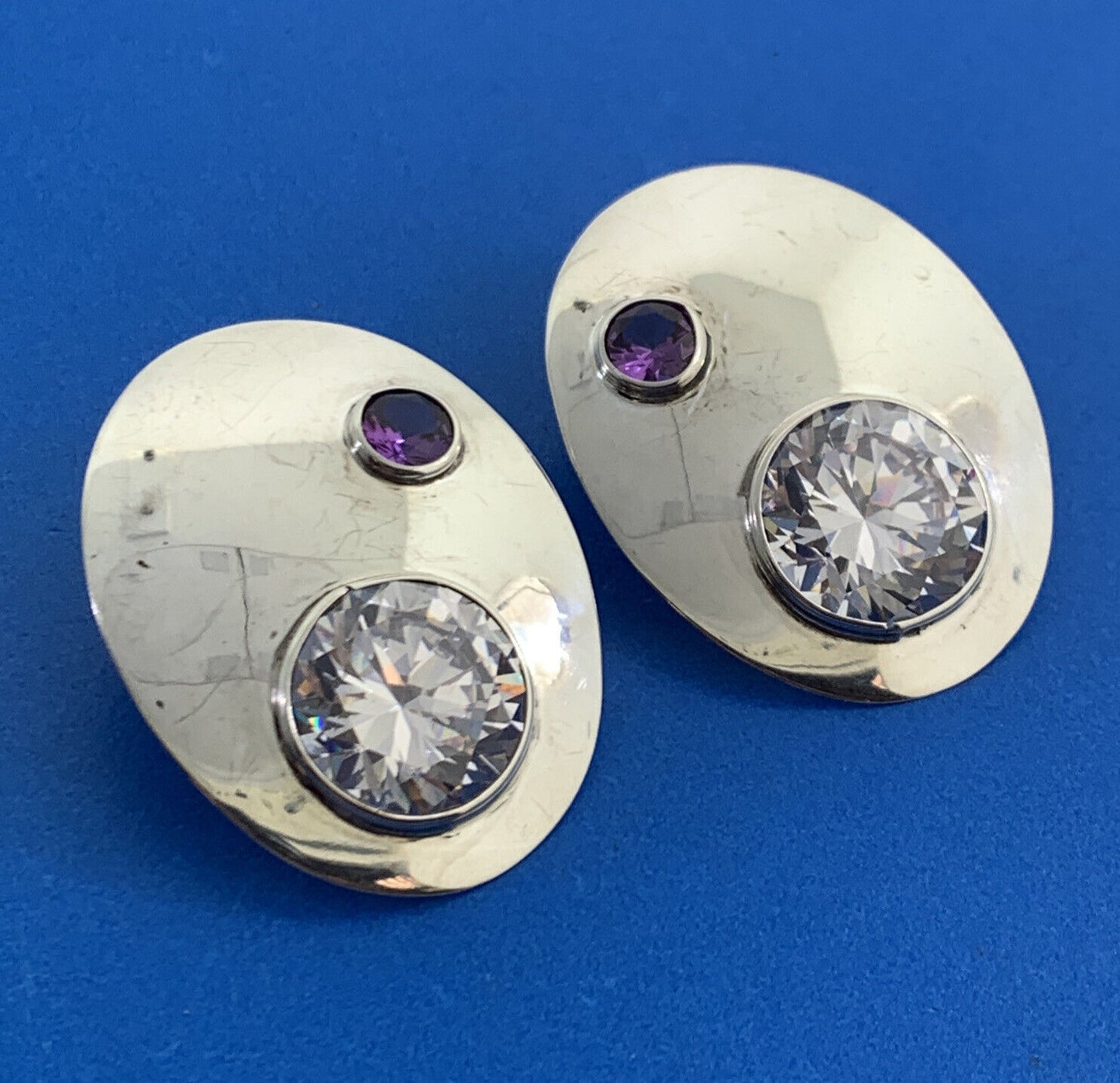 Estate 925 Sterling Silver White Amethyst Purple Sapphire Oval Stud Earrings