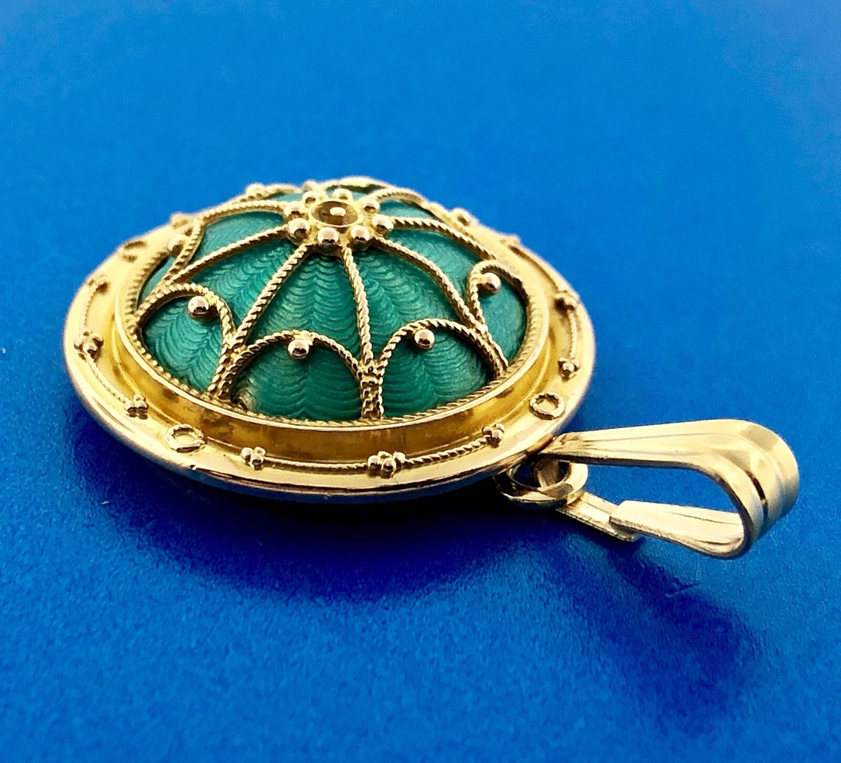 Art Nouveau Art Deco 14K Yellow Gold Aqua Turquoise Guilloche Enamel Pendant