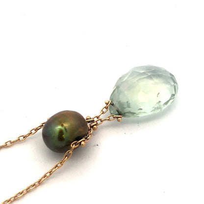 Gorgeous 14k Yellow Gold Teardrop Peridot Green Pearl 18" Oval Link Necklace