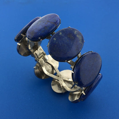 Siman Tu Silver Tone Lapis Lazuli Cabochon Statement Hinged Cuff Bracelet