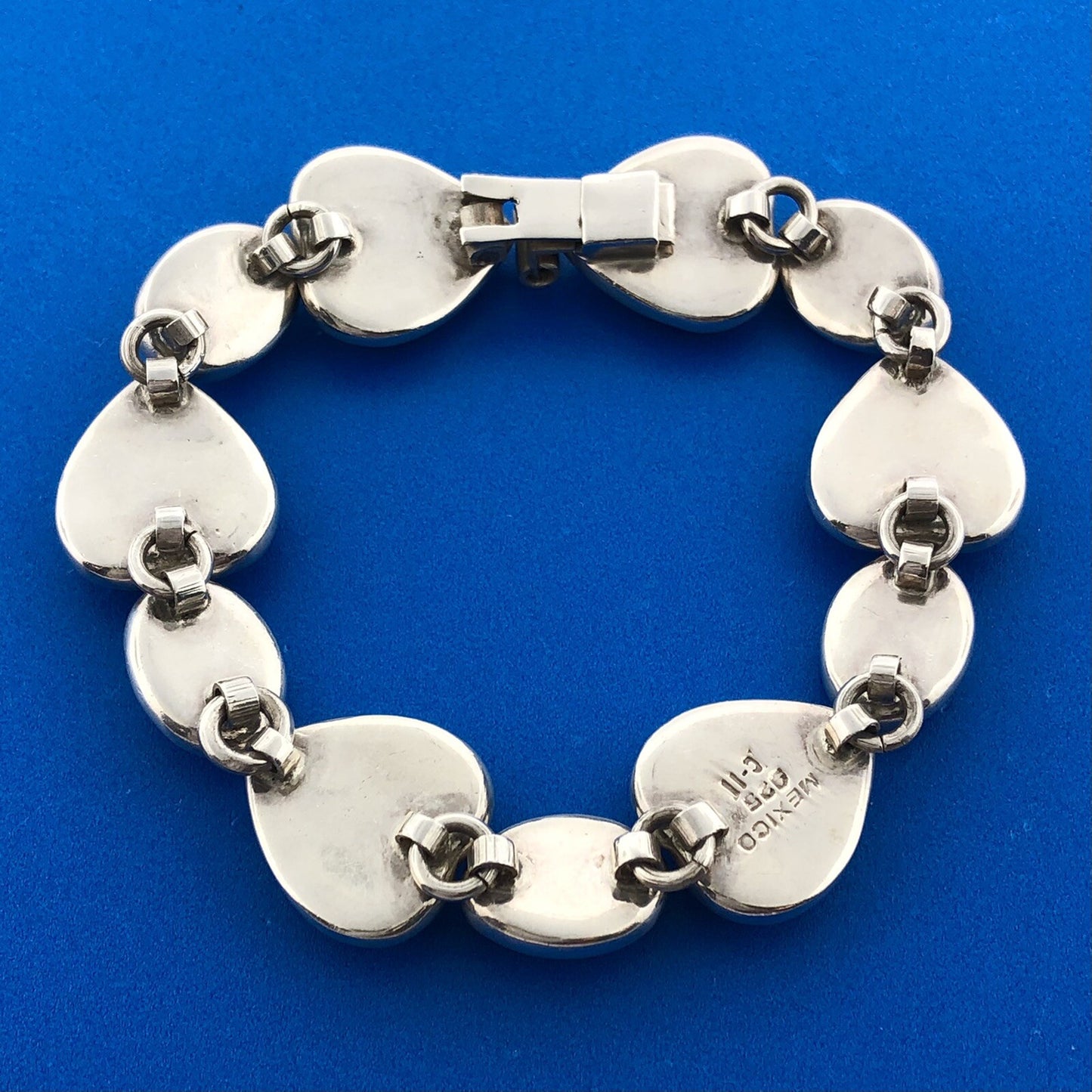 Vintage Taxco Mexico 925 Sterling Silver Black Onyx Heart Oval Panel Bracelet