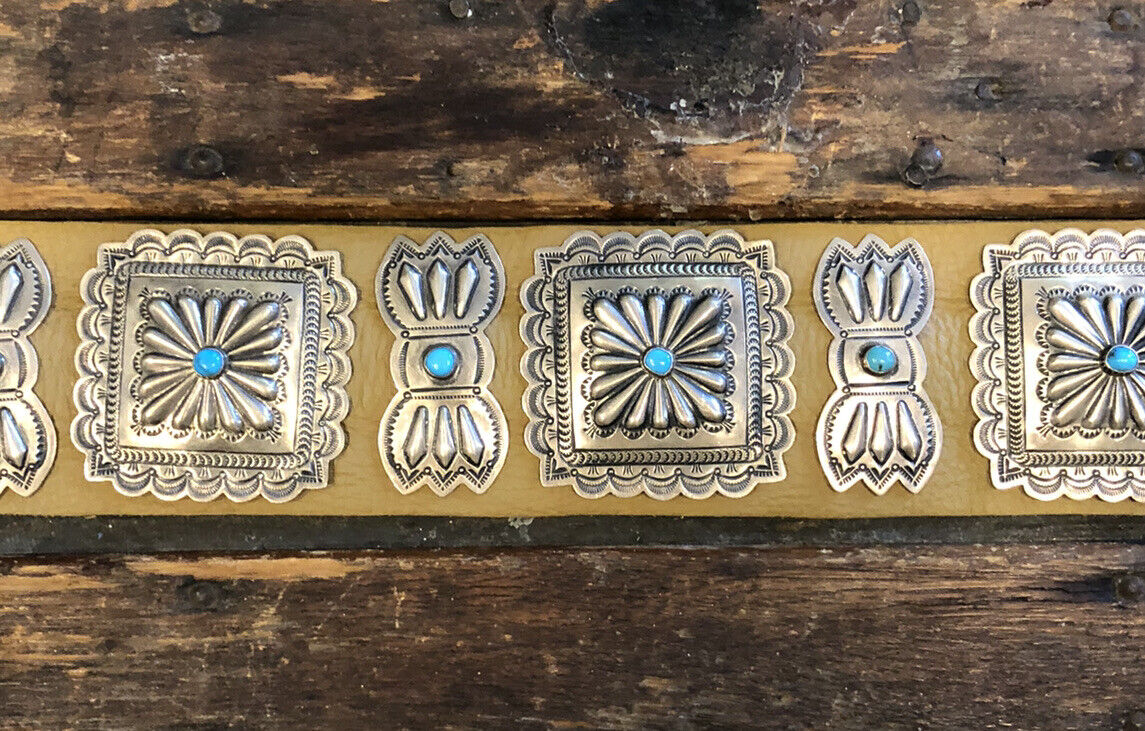 Susie James Navajo 925 Sterling Silver Leather Turquoise Concho Statement Belt