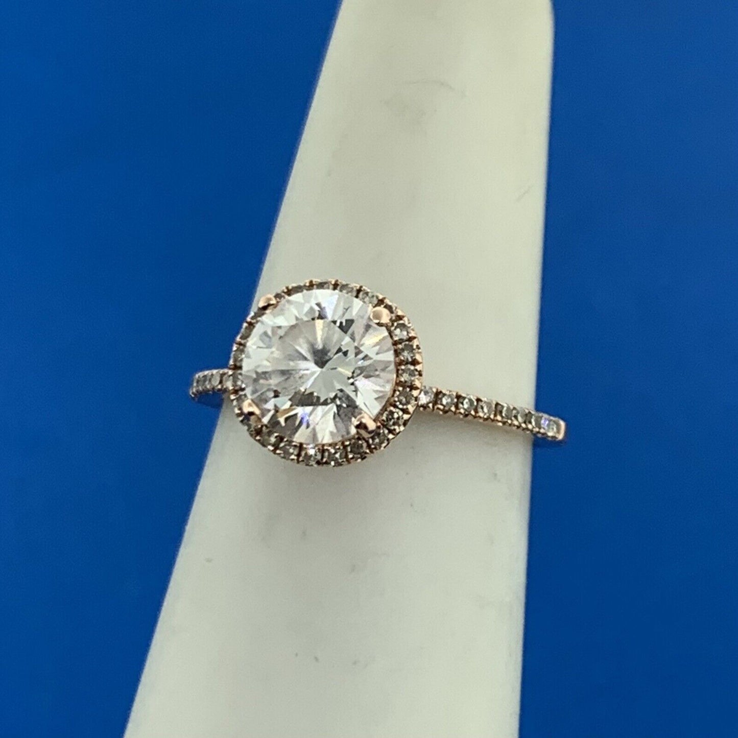 14K Rose Gold Cubic Zirconia Solitaire Diamond Halo Accented Engagement Ring