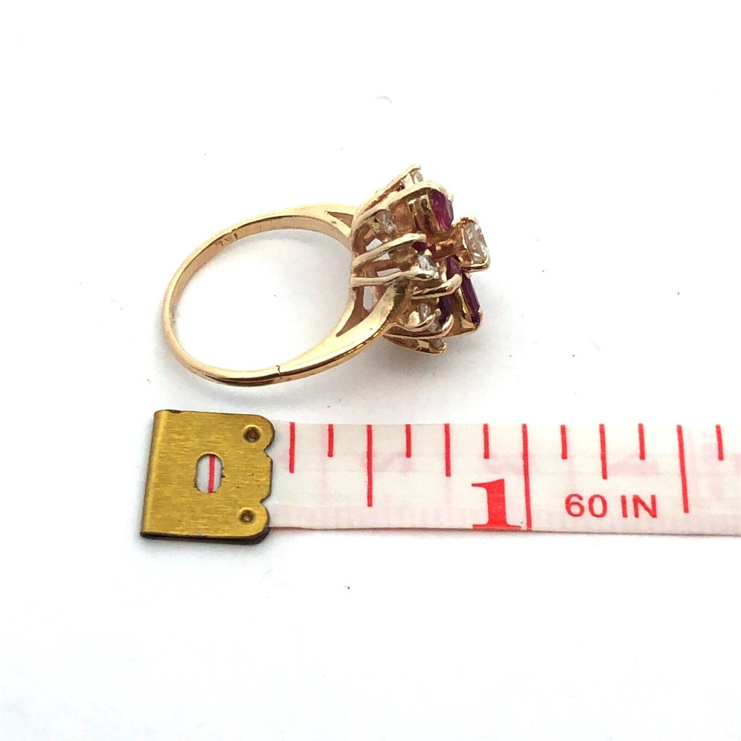 Vintage 14K Yellow Gold Round Diamond Marquise Lab Created Ruby Cocktail Ring