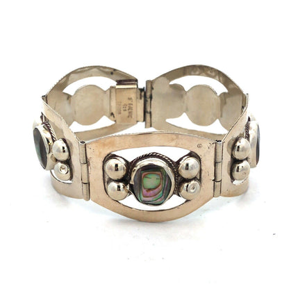Vintage Taxco 925 Sterling Silver Oval Abalone Cabochon Statement Panel Bracelet