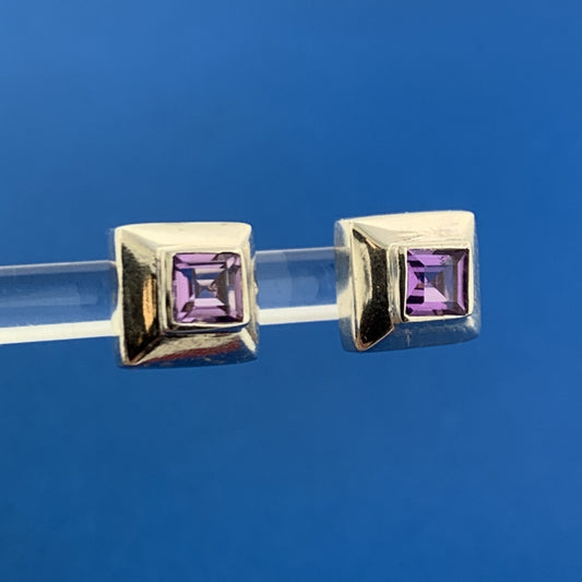 Designer 925 Sterling Silver Amethyst Square Cube Modernist Stud Earrings