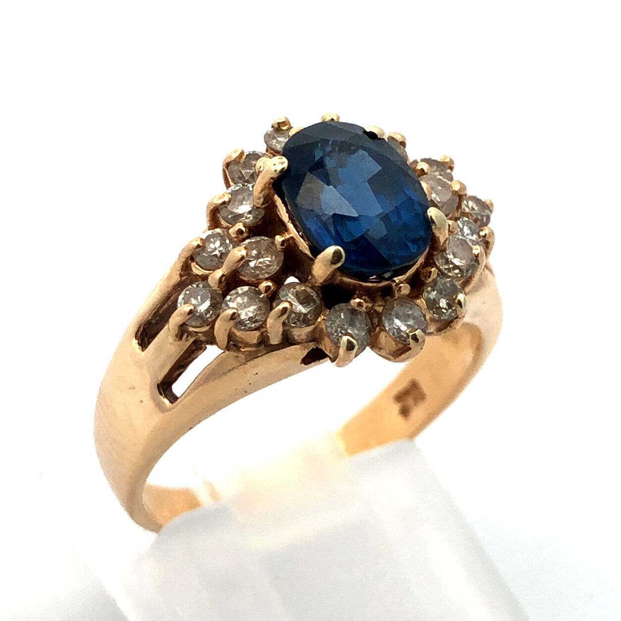 Vintage 14K Yellow Gold Oval Blue Sapphire Round Diamond Halo Anniversary Ring