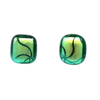 Vintage 925 Sterling Silver Rectangle Green Resin Star Foil Stud Earrings