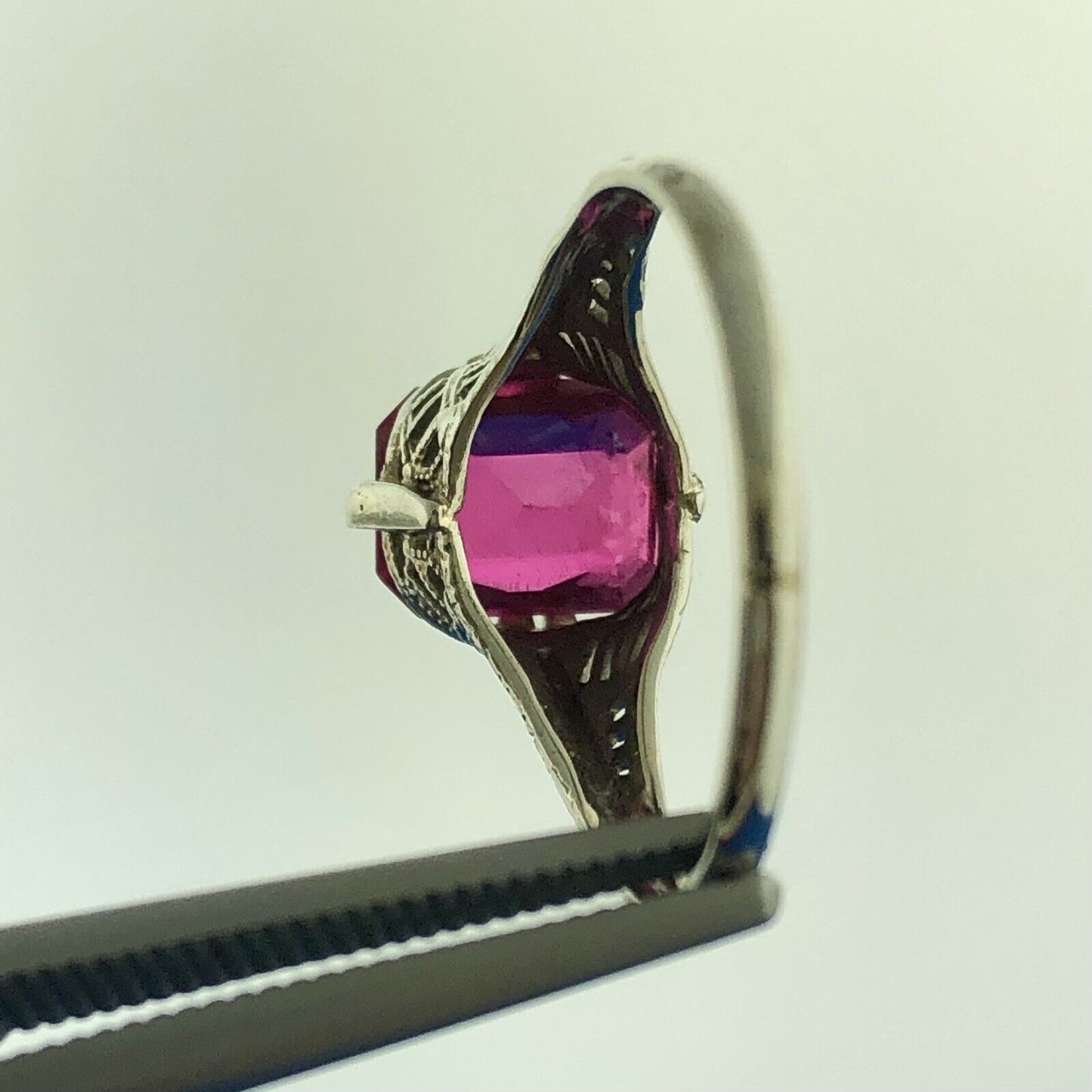 Gorgeous 14k White Gold Radiant Cut Ruby Openwork Filigree Dome Ring Size 7