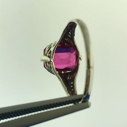 Gorgeous 14k White Gold Radiant Cut Ruby Openwork Filigree Dome Ring Size 7