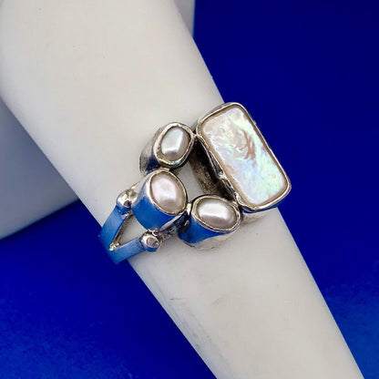 Sterling Silver 925 Freshwater Pearl Mother Of Pearl Cabochon Free Form Ring